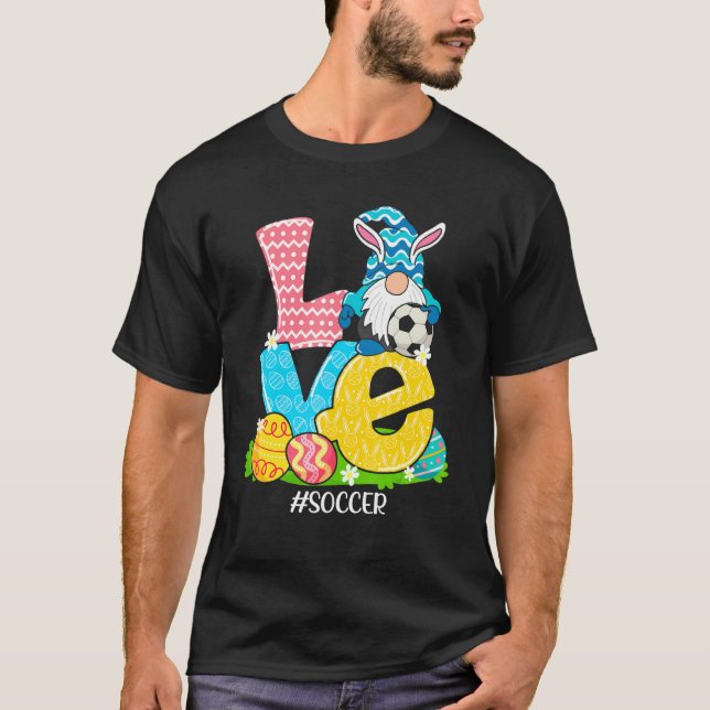 Funny Love Soccer Easter Gnome Egg Hunting Basket T-Shirt (Front)