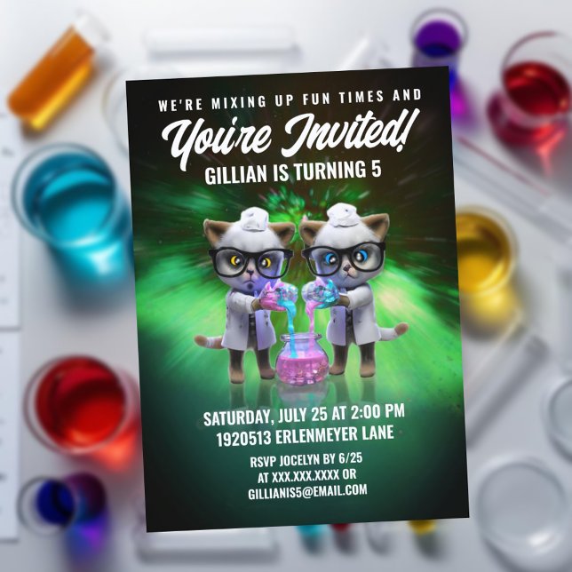 Funny Mad Cat Scientists Purrfect Birthday Invitation (Mad Cat Scientists Birthday Party Invitation Cover Photo)