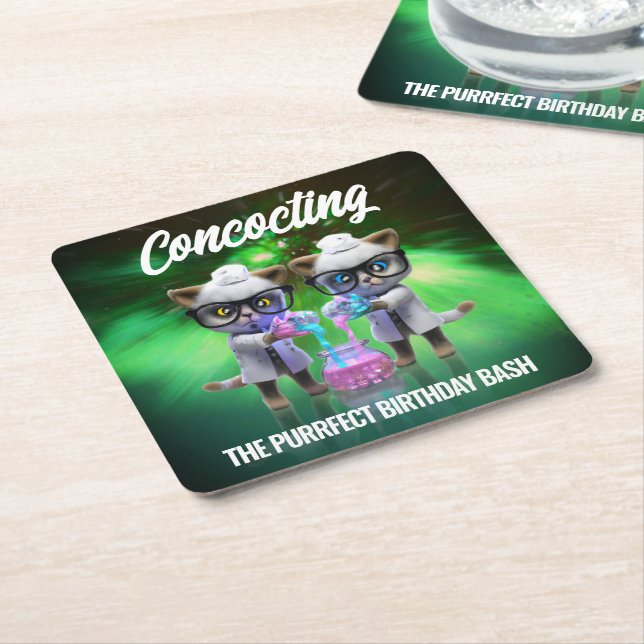 Funny Mad Cat Scientists Purrfect Birthday Square Paper Coaster (Angled)