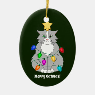Funny Mad Christmas Tree Cat in Colourful Lights Ceramic Tree Decoration