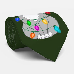 Funny Mad Christmas Tree Cat in Colourful Lights Tie