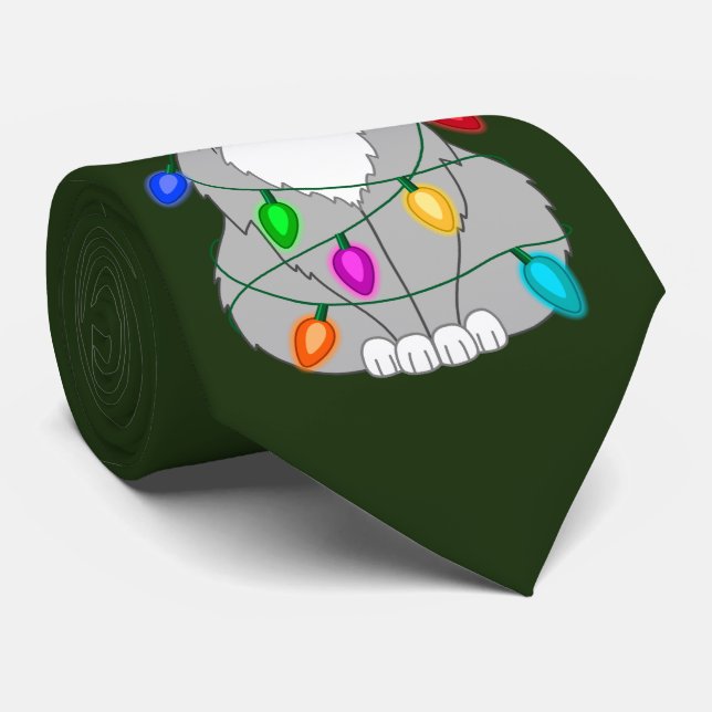 Funny Mad Christmas Tree Cat in Colourful Lights Tie (Rolled)