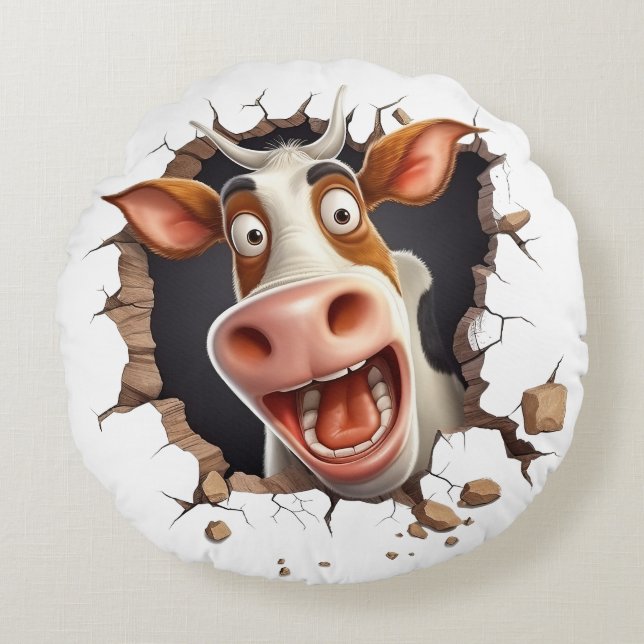 Funny mad cow cartoon face farmers country fun round cushion (Front)