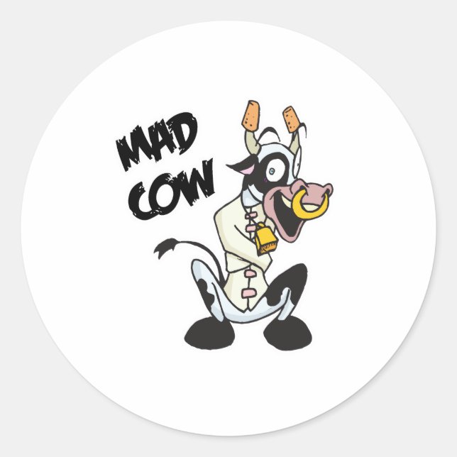 funny mad cow classic round sticker (Front)