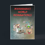 Funny Mad Scientist Card<br><div class="desc">Mad scientist laughing insanely by his laboratory desk, obviously making a great breakthrough! World domination is waiting around the corner!</div>
