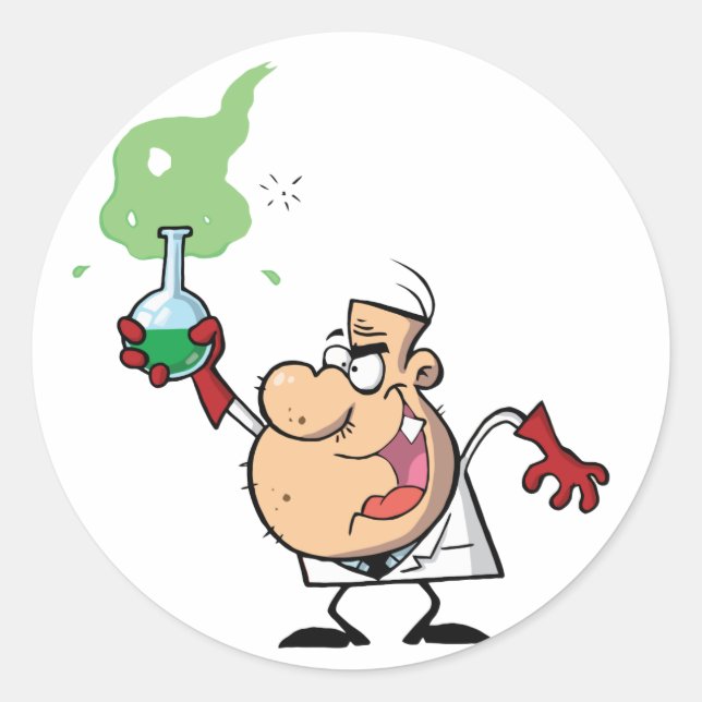 Funny Mad Scientist Holding Green Potion Classic Round Sticker (Front)