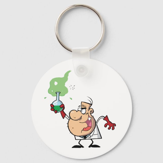 Funny Mad Scientist Holding Green Potion Key Ring (Front)