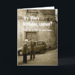 Funny mafia birthday customisable greeting card<br><div class="desc">Funny birthday greeting card with a sepia photo of two old men in Italy having a discussion on the street with a fiat car in the background, thereby creating a scene just like in an italian mafia Godfather movie with the tekst: 'I make him an offer he can't refuse'. The...</div>