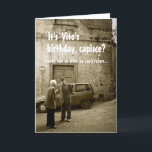 Funny mafia birthday customisable greeting card<br><div class="desc">Funny birthday greeting card with a sepia photo of two old men in Italy having a discussion on the street with a fiat car in the background, thereby creating a scene just like in an italian mafia Godfather movie with the tekst: 'I make him an offer he can't refuse'. The...</div>