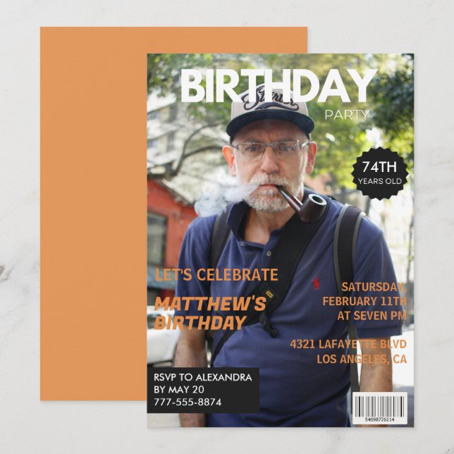 Funny Magazine Editorial Photo 74th birthday Invitation (Front/Back)