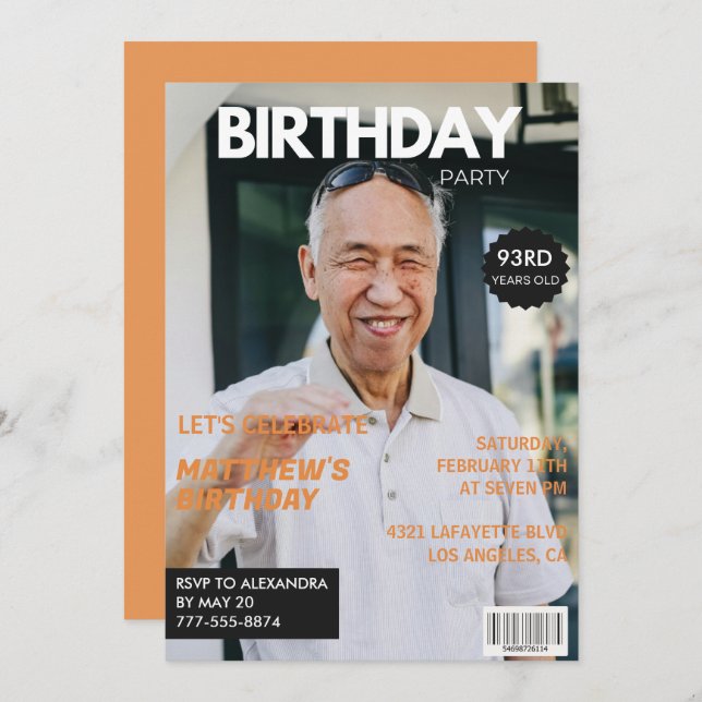 Funny Magazine Editorial Photo 93rd birthday Invitation (Front/Back)