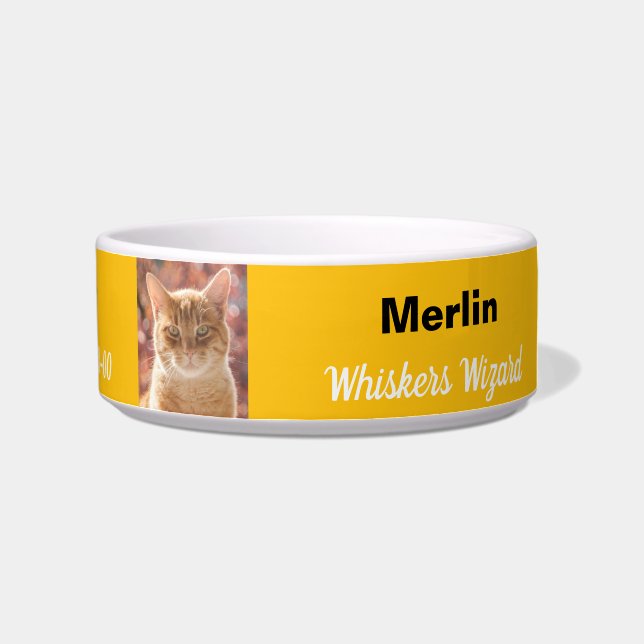 Funny Magical Whiskers Wizard Birthday Yellow Cat Bowl (Right)
