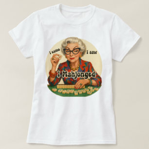 Funny Mahjong Player Grandma Illustration T-Shirt