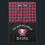 Funny Main Ingredient is Love Red Black Plaid Tea Towel<br><div class="desc">Funny and cool kitchen towel to make cooking more fun. Personalised gift for family and friends who love cooking, baking and trying new recipe in the kitchen. Customise the wording to fit your occasion. You can use the Design Tool to further change the font type, font colour and font size....</div>