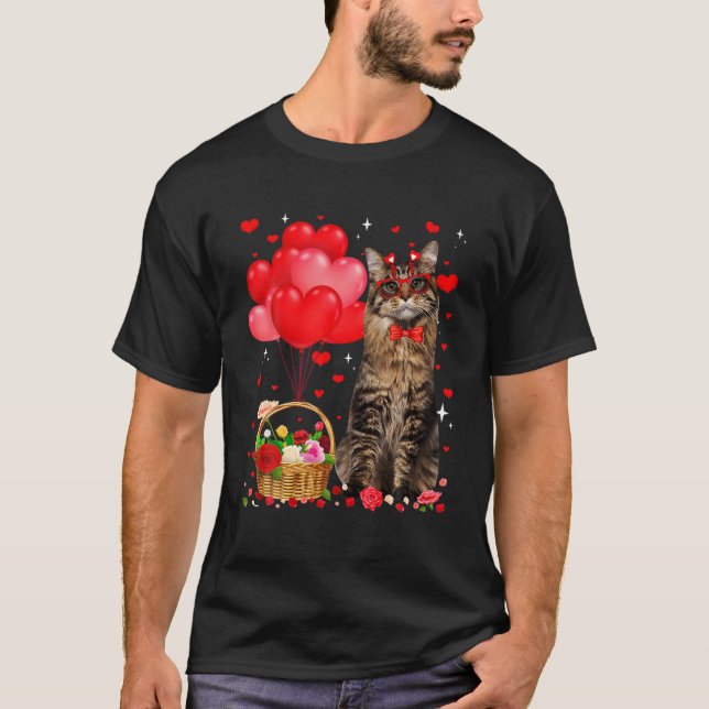 Funny Maine Coon Cat Heart Valentine Cat Lover T-Shirt (Front)
