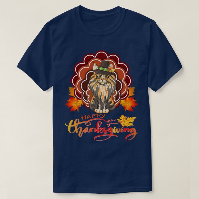 Funny Maine Coon Cat Turkey Happy Thanksgiving  T-Shirt (Design Front)