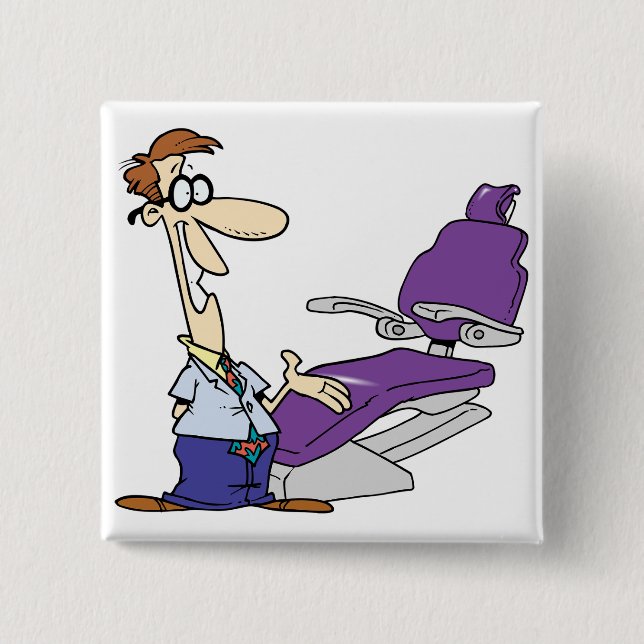 Funny Male Dentist and Purple Dental Chair 15 Cm Square Badge (Front)