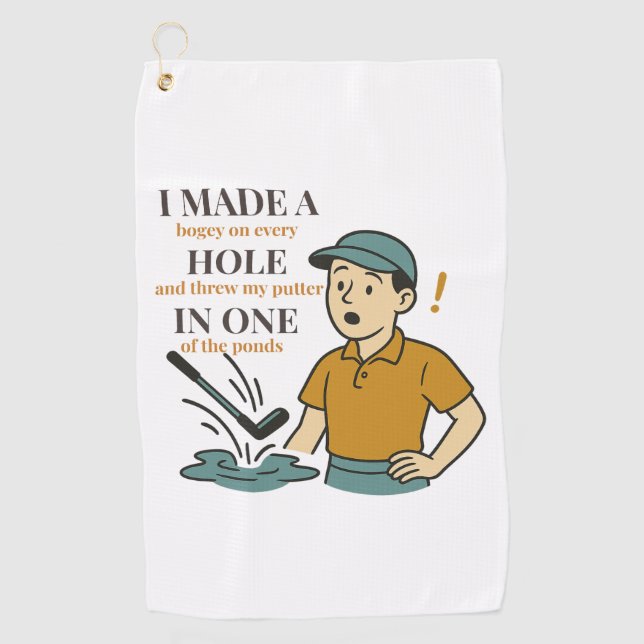 Funny Male Golfer Cartoon - Hole in One Golf Towel (Front)