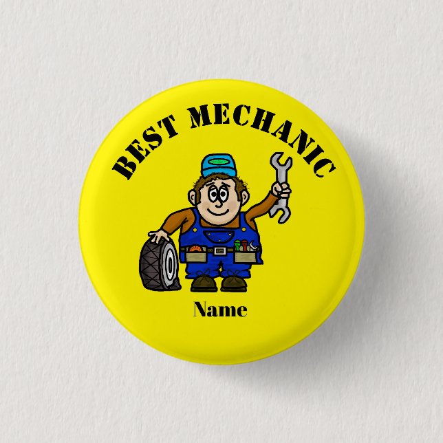 Funny Male Mechanic With Tire and Wrench Button (Front)