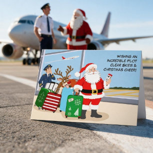Funny Male Pilot Christmas with Santa and Reindeer Card