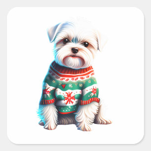 Funny Maltese in Christmas Sweater Square Sticker
