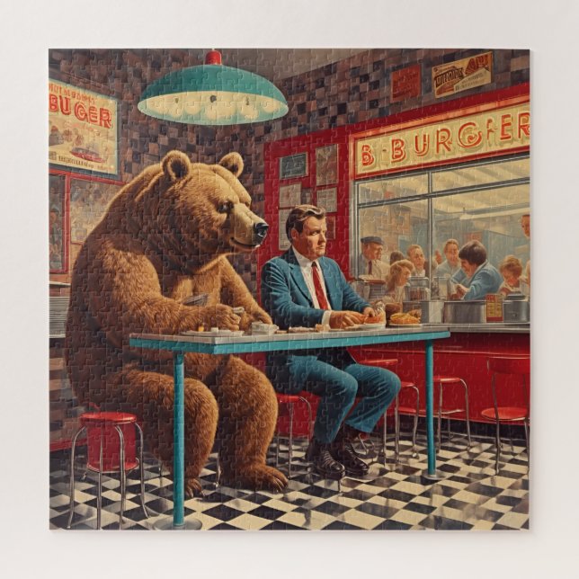 Funny Man and Bear at Retro Diner Jigsaw Puzzle (Vertical)