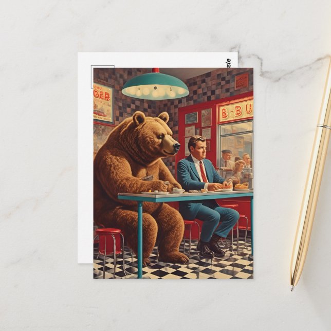 Funny Man and Bear at Retro Diner Postcard (Front/Back In Situ)