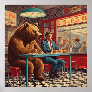 Funny Man and Bear at Retro Diner Poster