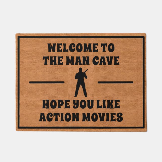 Funny Man Cave Action Hero Rustic Minimalist Doormat (Front)