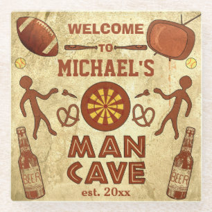 Funny Man Cave Custom Name : Beer Darts Sports TV Glass Coaster