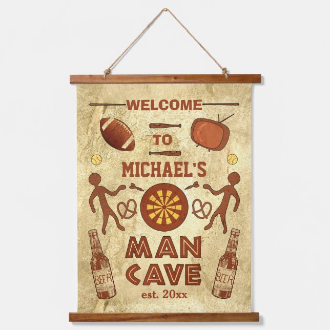 Funny Man Cave with Beer Sports TV | Custom Name Hanging Tapestry (Front)
