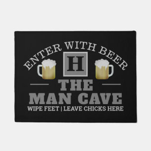 Funny MAN CAVE with Monogram and  Beer on BLACK Doormat