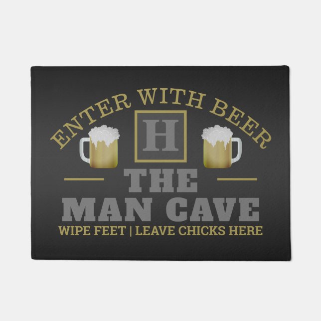 Funny MAN CAVE with Monogram and Beer on GREY Doormat (Front)