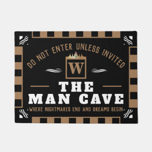 Funny MAN CAVE with Monogram   BLACK Welcome Doormat
