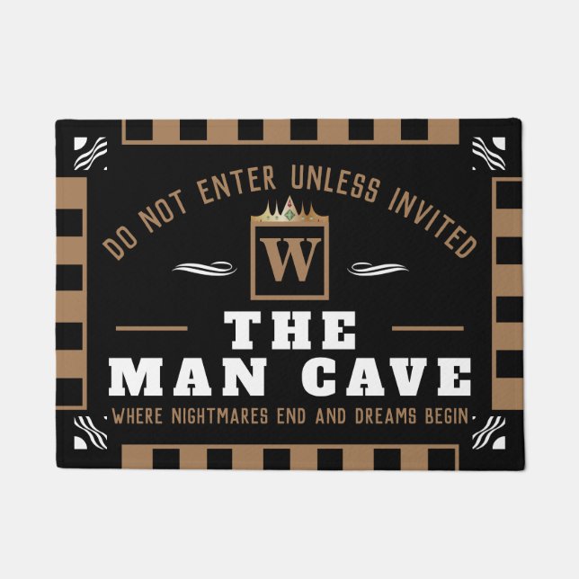 Funny MAN CAVE with Monogram | BLACK Welcome Doormat (Front)