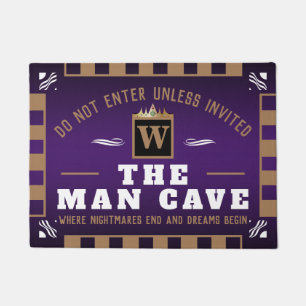 Funny MAN CAVE with Monogram PURPLE Welcome Doormat