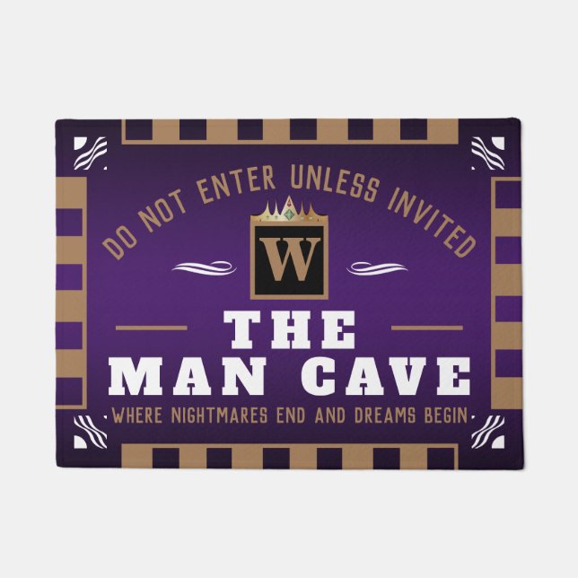 Funny MAN CAVE with Monogram | PURPLE Welcome Doormat (Front)