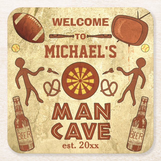 Funny Man Cave with Your Name Custom Square Paper Coaster (Front)