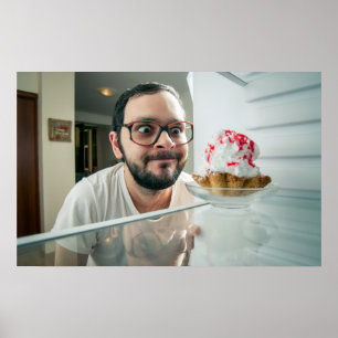 Funny man looking in refrigerator  poster