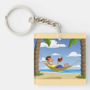 Funny Man Relaxing in Beach Hammock Key Ring