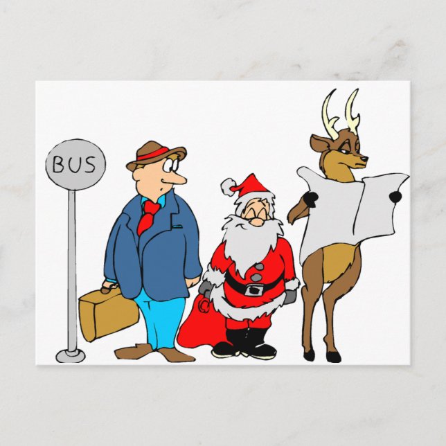 Funny Man Santa Reindeer At The Bus Stop Postcard (Front)