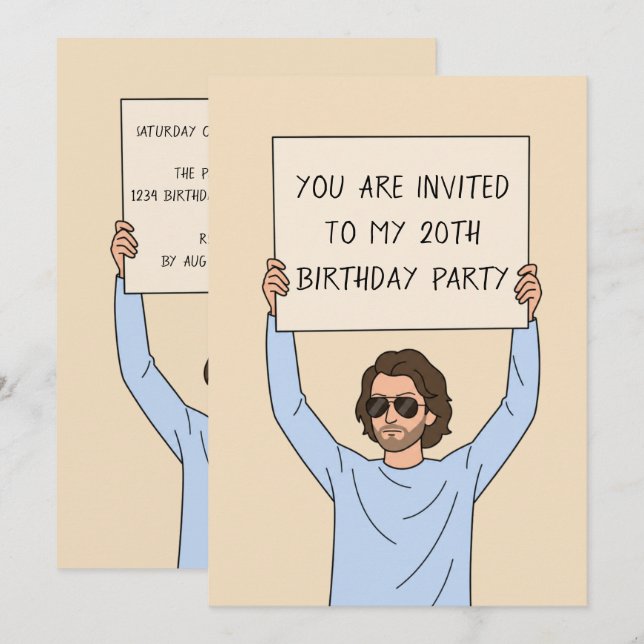 Funny Man with Sign 20th Birthday Invitation (Front/Back)