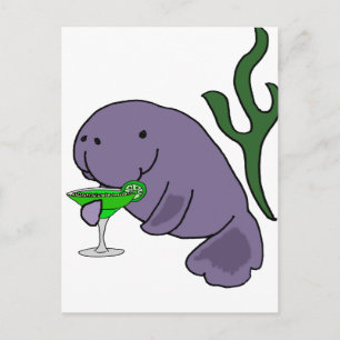 Funny Manatee Drinking Margarita Cartoon Postcard