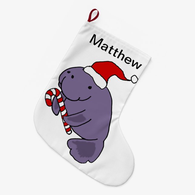 Funny Manatee in Santa Hat Christmas Cartoon Large Christmas Stocking (Front (Hanging))