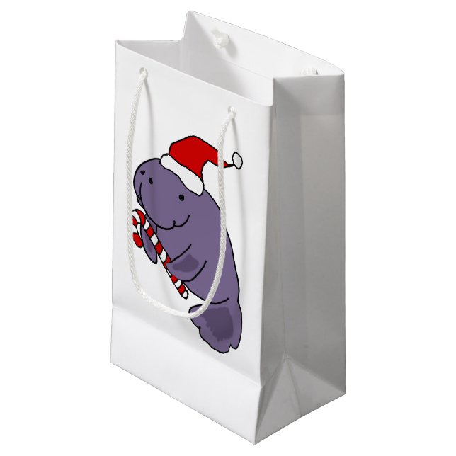 Funny Manatee in Santa Hat Christmas Cartoon Small Gift Bag (Front Angled)