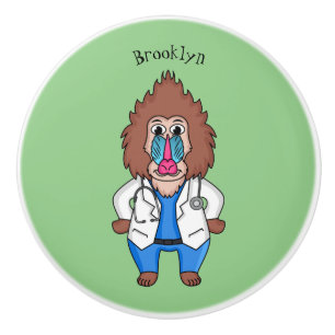 Funny mandrill doctor cartoon illustration ceramic knob