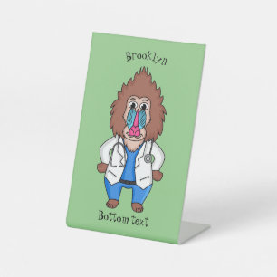 Funny mandrill doctor cartoon illustration pedestal sign