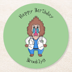 Funny mandrill doctor cartoon illustration round paper coaster