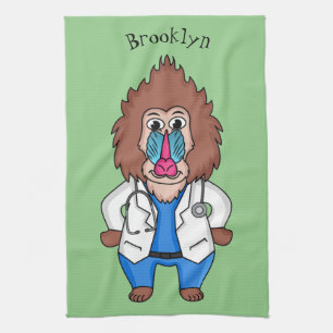 Funny mandrill doctor cartoon illustration tea towel