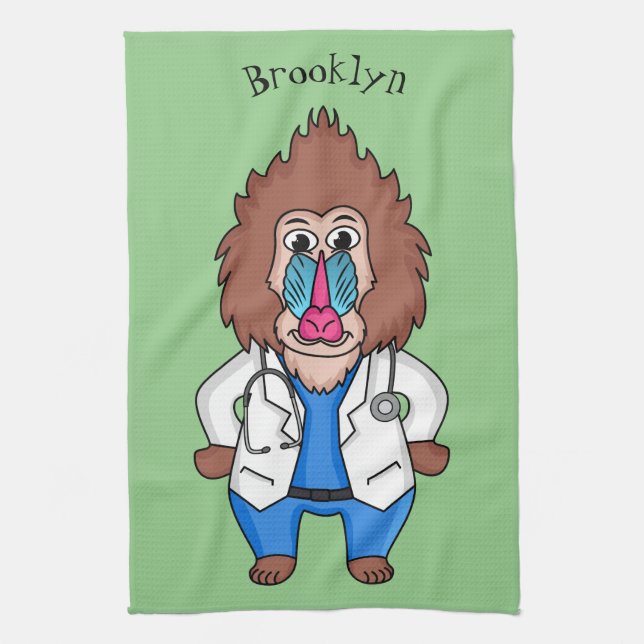 Funny mandrill doctor cartoon illustration tea towel (Vertical)